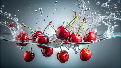 Wall Mural - flying cherries falling into water splashes, flying, cherries, fruit, water, splashes, freshness, food, red, juicy, summer