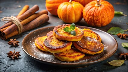 Wall Mural - Delicious pumpkin fritters con cinnamon ready to be served , pumpkin, fritters, cinnamon, dessert, food, autumn, seasonal, sweet