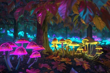Wall Mural - A vibrant forest glade filled with bioluminescent mushrooms glowing in a myriad of colors, under a canopy of iridescent leaves.