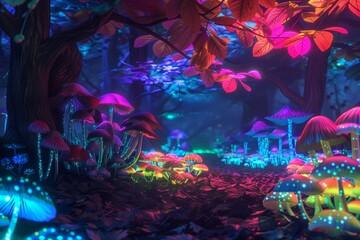 Wall Mural - A vibrant forest glade filled with bioluminescent mushrooms glowing in a myriad of colors, under a canopy of iridescent leaves.