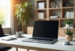 © TKMedia - Modern workspace with laptop, coffee, and plants in a bright, cozy room during the day