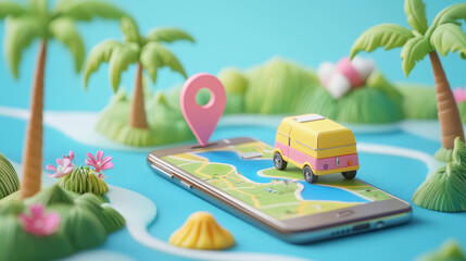 A cartoon-style 3D render mock-up featuring a beautifully arranged composition that evokes the idea of a summer road trip. The scene includes a map on a phone ready to pin the destination, set against