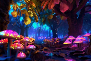 Wall Mural - A vibrant forest glade filled with bioluminescent mushrooms glowing in a myriad of colors, under a canopy of iridescent leaves.