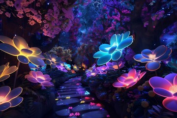 Wall Mural - A whimsical garden with oversized, multicolored flowers and glowing pathways.
