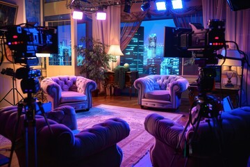 Talk Show. Television Studio Set for Evening TV Show with Interviews and News Production