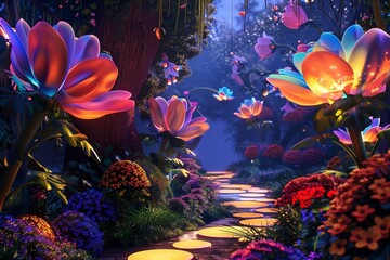 Wall Mural - A whimsical garden with oversized, multicolored flowers and glowing pathways.