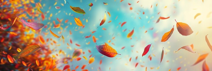brightly colored autumn leaves swirl against a blue sky, capturing the essence of the fall season an