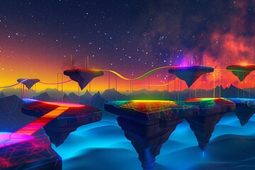 Wall Mural - An abstract, futuristic landscape with floating islands connected by colorful energy bridges under a starry sky.