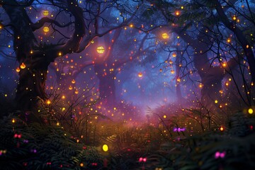 Wall Mural - An enchanted forest at dusk with glowing, multicolored fireflies.