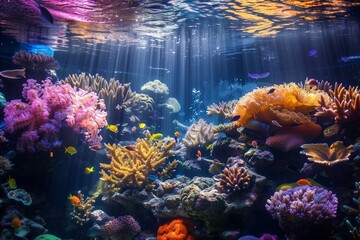 Wall Mural - An underwater coral reef scene with colorful corals, vibrant fish, and shimmering light beams filtering through the water.