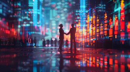 Silhouetted business professionals shaking hands in a digital cityscape, displaying stock market data ideal for finance, business partnerships