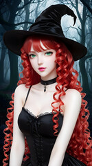 Wall Mural - Beautiful sexy anime witch woman. Wearing a black pointed hat, a black bra and with long curly red hair.