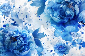 Wall Mural - Blue peonies and blue splashes of paint, abstract floral background, blue and white color.
