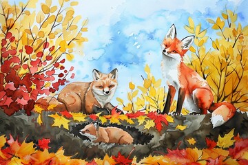 Wall Mural - children's diy watercolor drawing - the bear is lying underground and the fox is standing in the bushes on fallen yellow red leaves in the autumn forest under the blue sky. kids art handmade painting