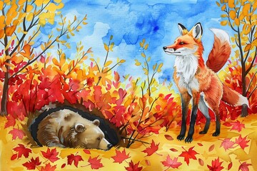 Wall Mural - children's diy watercolor drawing - the bear is lying underground and the fox is standing in the bushes on fallen yellow red leaves in the autumn forest under the blue sky. kids art handmade painting