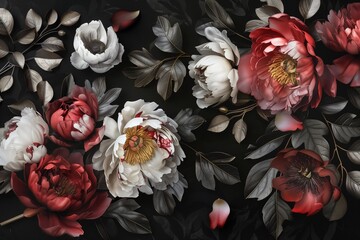 Wall Mural - Floral composition in baroque style on a black background, rose peonies and metal petals.
