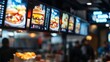 © Prostock-studio - A bustling fast food restaurant showcases vibrant digital menu boards featuring burgers and sides while customers place orders.