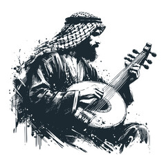 Wall Mural - The bedouin playing arabic oud gambus guitar. Black white vector illustration.
