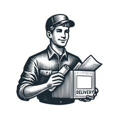 Sticker - The delivery boy. Black white vector illustration.