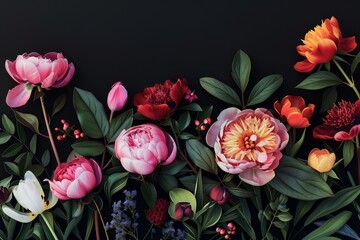 Wall Mural - Vintage floral card with garden flowers. Peonies, roses, tulips, rhododendron, leaves, decorative herbs on black background. For business cards, covers, cosmetics packaging, interior decoration, phone