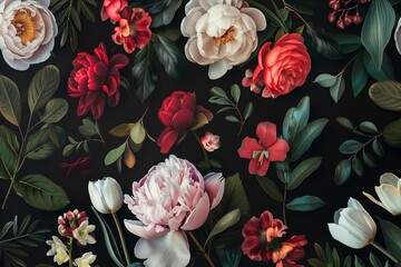 Wall Mural - Vintage floral card with garden flowers. Peonies, roses, tulips, rhododendron, leaves, decorative herbs on black background. For business cards, covers, cosmetics packaging, interior decoration, phone