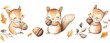 © DZMITRY - The cute watercolor squirrel illustrations in this collection gather acorns in a playful manner
