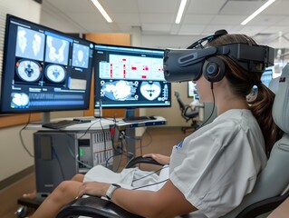 Poster - Woman in a Virtual Reality Headset Looking at Medical Scan Images.