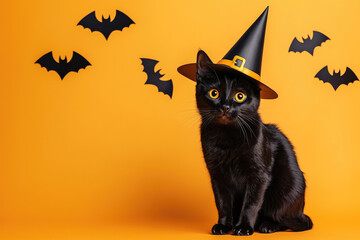 Black cat dressed in a witch hat with bats on orange background, concept of Halloween and spooky fun