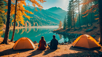 Autumn adventure happy couple, amazing mountain lake view, camp site, tent, dreamy sunny morning landscape. Beautiful nature background, autumn  pattern, hike, adventure, outdoor pursuit. AI generated