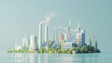 there is a picture of a factory with wind turbines on a small island