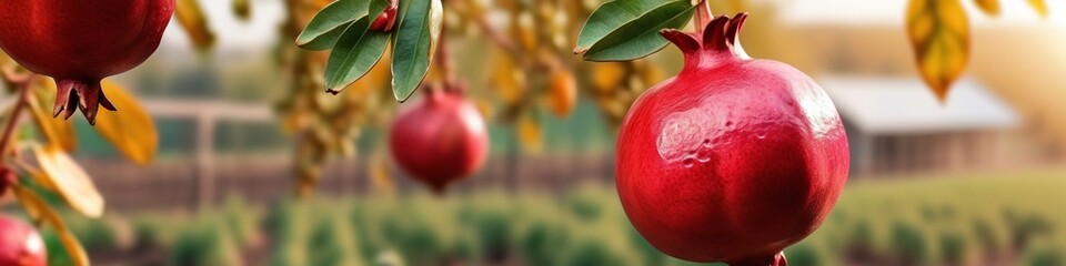 Wall Mural - Red ripe pomegranate fruits grow on pomegranate tree in garden. Punica granatum fruit, close up. Of pomegranate to produce a delicious juice.