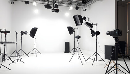 Professional lighting equipment in photo studio, space for text isolated with white highlights, png