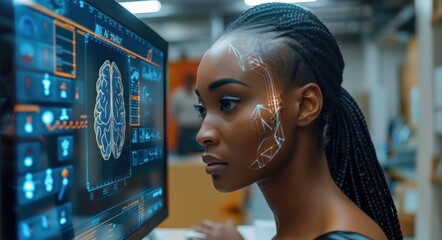 Poster - woman using technology with brain scan interface