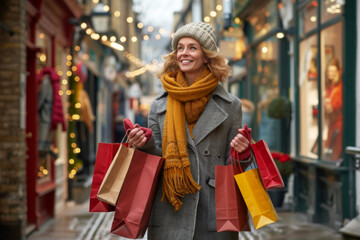 Wall Mural - Happy smart woman carrying bags in a shopping street