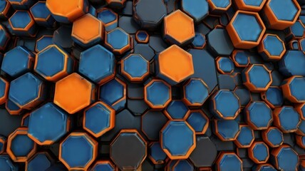 Wall Mural - Black blue and orange hexagons background pattern 3D