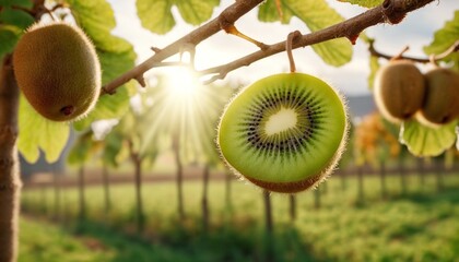 Sticker - Kiwi picking season. Kiwi on a kiwi tree plantation with with huge clusters of fruits. Garden with trees and organic fruits. Solar light and leaf.