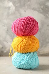 Poster - Stack of different colorful yarns on light table, closeup