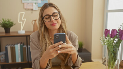 Poster - A young woman with glasses smiling at her smartphone in a cozy living room setting with decorative flowers and books in the background.