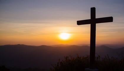 Wall Mural - silhouette of a wooden cross stands prominently against a breathtaking sunset backdrop on a mountain. The dramatic interplay of light and shadow highlights the cross, creating a serene and sacred atmo