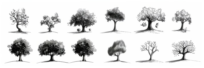 Tree Sketch. Big Set of Hand Drawn Tree Illustrations in Graphic Style