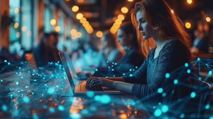 Woman Working on Laptop with Network Connections