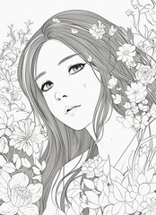 Wall Mural - a drawing of a woman with long hair and flowers in her hair