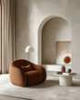 © Supawit - Armchairs near stucco arch wall. Minimalist, japandi interior design of modern living room.