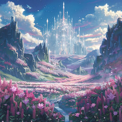 Canvas Print - painting of a fantasy castle in a pink field with flowers