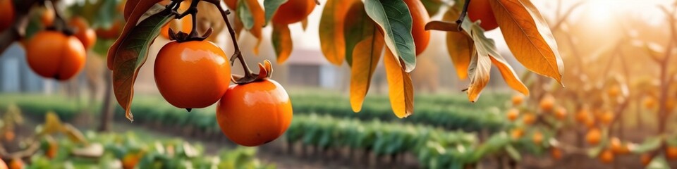 Sticker - Japanese persimmon fruit on tree branch. Persimmon orange fruit in the autumn garden. Japanese persimmon, Diospyros kaki Lycopersicum. Persimmon fruit on Kaki plum tree branch.