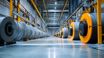 A series of pipes are shown in a very long tunnel. The pipes are yellow and blue