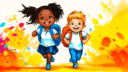 Happy diverse junior girl and boy with backpacks running to school on a yellow background. Watercolor illustration. Diversity, education, back to school concept. Copy space.