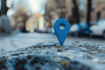 Wall Mural - Blue location pin standing on a rock, indicating a point of interest in an urban environment