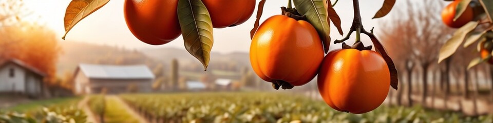 Sticker - Japanese persimmon fruit on tree branch. Persimmon orange fruit in the autumn garden. Japanese persimmon, Diospyros kaki Lycopersicum. Persimmon fruit on Kaki plum tree branch.