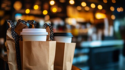 Poster - Warm cups of coffee are served in brown paper bags, resting on a counter in a cozy cafe filled with ambient light.